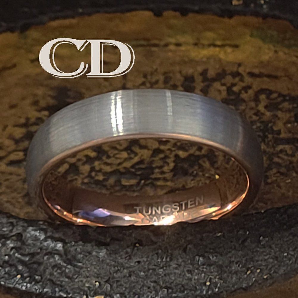 Men's Real Silver and Rose gold Tungsten Wedding Ring - Brushed Steel